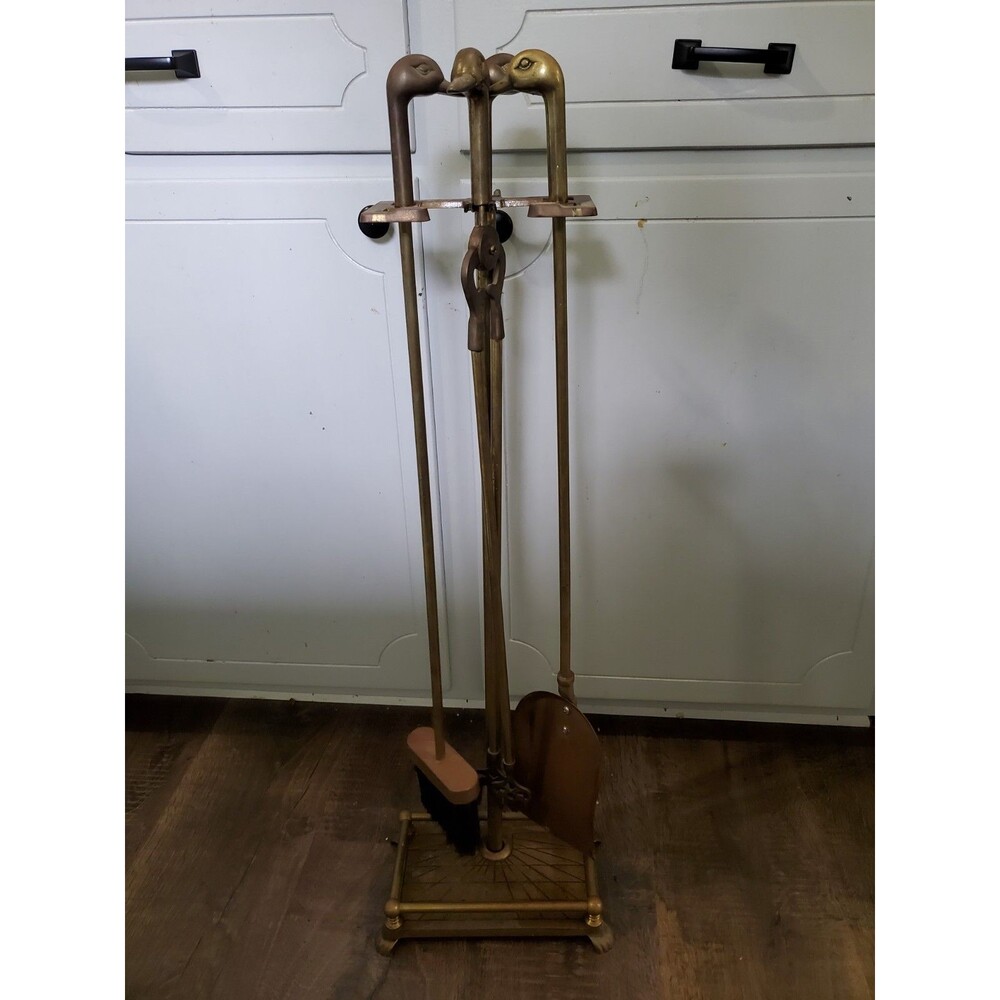 Vintage MCM Brass Mallard Duck Head Fireplace Tool Set 3 Tools & Stand